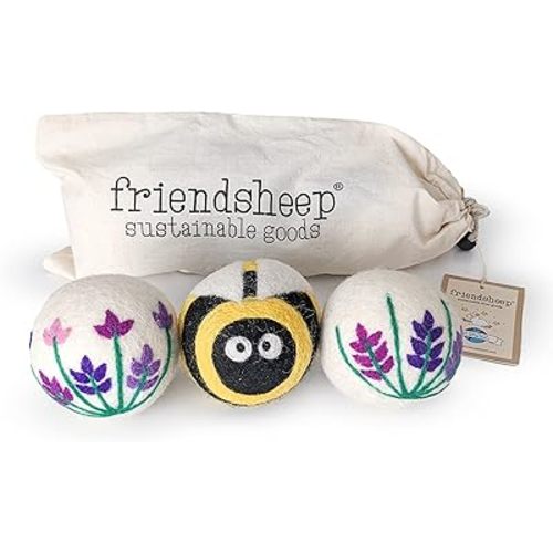 Wool Dryer Balls by Friendsheep 3 Pack XL Organic Premium Reusable Cruelty Free Handmade Fair Trade No Lint Fabric Softener Lavender Fields Bee Flower