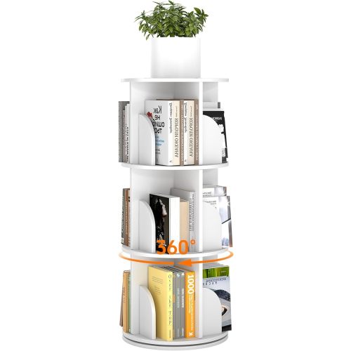 Rotating 3-Tier Bookshelf, 360° Spinning Corner Bookcase with Lazy Susan, White Space Saving Organizer for Study Room, Home Office, Kids Rooms, Bedroom, Adults & Kids