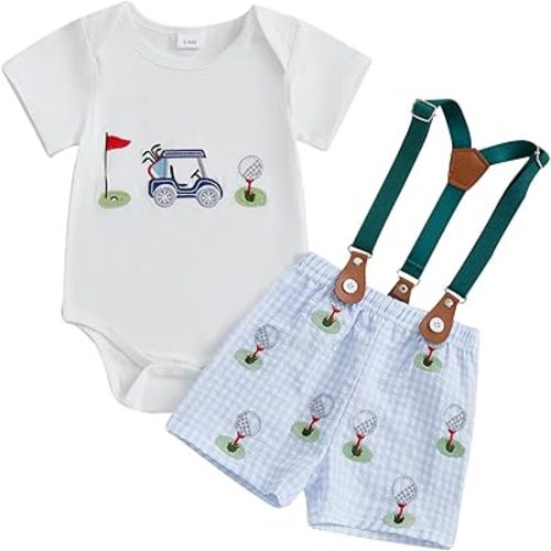 Toddler Boy Summer Outfits Baby Boy Golf Print Short Sleeves T-Shirt Suspender Shorts Set Infant Boy Clothes Set