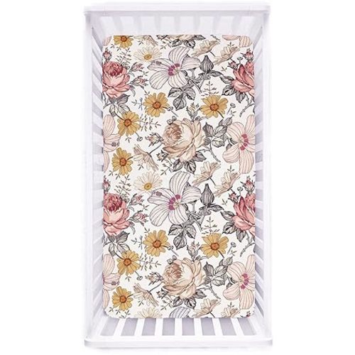 Crib Sheets for Girl Boy, HNHUAMING Crib Sheet Fitted Fits for Standard Crib & Toddler Mattresses, Ultra Soft Breathable Baby Crib Sheets Neutral 52'' X 28'' inch Boho Crib Sheet, Daisy Floral