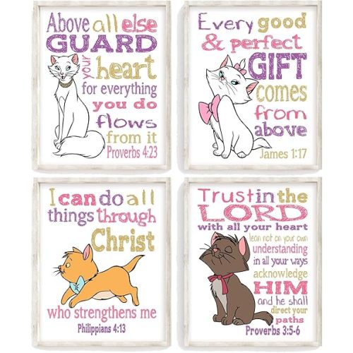 Aristocats Christian Nursery Decor Set of 4 Unframed Prints, Marie, Duchess, Toulouse and Berlioz with Bible Verses