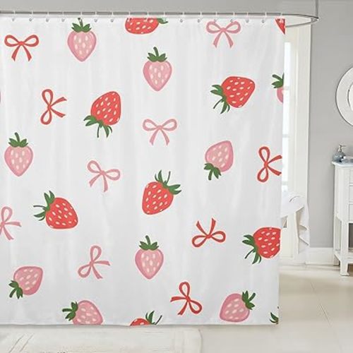 jejeloiu Cartoon Strawberry Fabric Shower Curtain Sweet Strawberry Shower Curtain for Kids Boys Girls Pink Bow Bathroom Waterproof Accessories with 12 Hooks Cute Fruit Decor Curtains,72x72 Inches