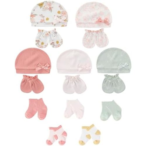 Baby Hats Mittens and Socks Set Soft Cotton Newborn Hat Glove for Boys Girls 0-6 Month