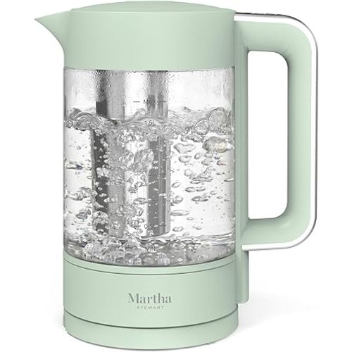 Martha Stewart Electric Kettle with Removable Stainless Steel Tea Infuser, Glass Carafe 1.7L (7 Cups), Hot Water Boiler, 4 Presets, Keep Warm & Auto Shut-Off, Cordless 360° Swivel Base, Honeydew Green
