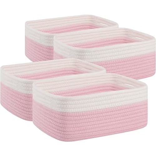 OIAHOMY 4 Pack Storage Baskets for Organizing, Small Bins for Shelves, Cute Decorative Storage Bins, Organizer Baskets for Gifts Empty, 13.8''Lx9.8''Wx5.5''H, Pink/White