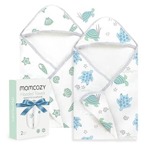 Momcozy Baby Hooded Towel-Made from Cotton, Suitable for Newborn Shower Gifts, 2 Count (Pack of 1), 28 X 28 Inch, Ink Wash Leaves