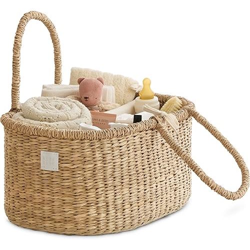 BEBE BASK Premium Baby Diaper Caddy Organizer - Artisan-Made Seagrass Basket With Cotton Divider - Award-Winning & Luxury Diaper Caddy Basket (ROSA)