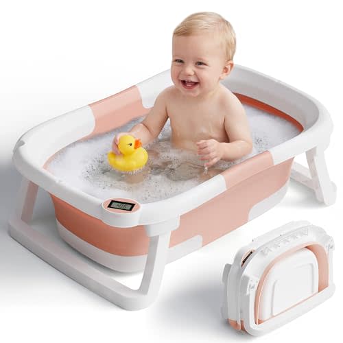 Collapsible Baby Bathtub with Thermometer, 0-36 Months, Pink | Real-time thermometer, quick drain plug, double-fold storage, PP+TPE tub, portable for home and travel