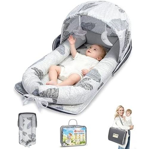 Baby Lounger, Portable Foldable Travel Lounger for Newborn 0-12 Month, Washable Lightweight Infant Nest with Canopy, Soft Breathable Baby Nest with Adorable Pattern, Home & Outdoor Use