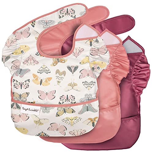 Tiny Twinkle Mess-Proof Baby Bibs for Eating | Waterproof, Wipeable Toddler Bibs with Catch-All Pocket | Feeding Bibs for Girls & Boys(3 Pack,Flutter Set)