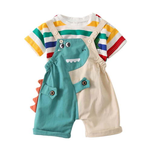 OOOUM Baby Boys 2 Piece Cute Dinosaur Outfit Set Colorful Striped Short Sleeve T-Shirt And Dinosaur Overalls Loose And Comfortable Outfits Sets Green 8/90