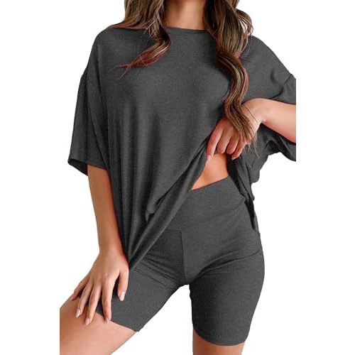 Womens 2 Piece Lounge Set 2025 Summer Travel Outfit Casual Short Sleeve Oversized Tshirts & Biker Shorts