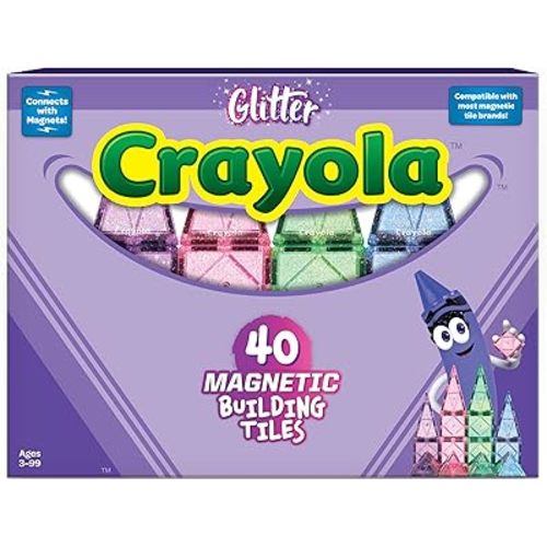 CreateOn Crayola Glitter Magnetic Tiles, Building Set for Kids, Magnetic Tiles, Magnetic Building Toys for Kids, STEM Easter Toys for Boys and Girls Ages 3 and Up, 40-Piece Set (Glitter)