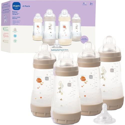 MAM 9oz Easy Start Anti-Colic Baby Bottles, Medium Flow with Bonus Fast Flow Nipple, Breastfeeding-Like Silicone, Reduces Colic and Gas, Easy-to-Clean, BPA-Free, 2 Plus Months