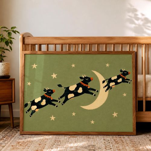 Cow Jumping Over the Moon Wall Art, Folk Art Nursery Print