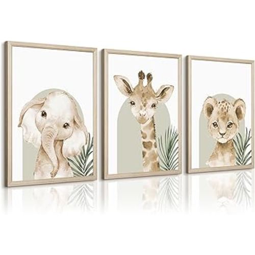 Animal Wall Art Pictures Baby Nursery Canvas Wall Art Decor Safari Animal Prints Jungle kids Wall Art Woodland Nursery Wall Decor Giraffe Jungle Poster for Room 12x16 Inch Wood Framed Set of 3