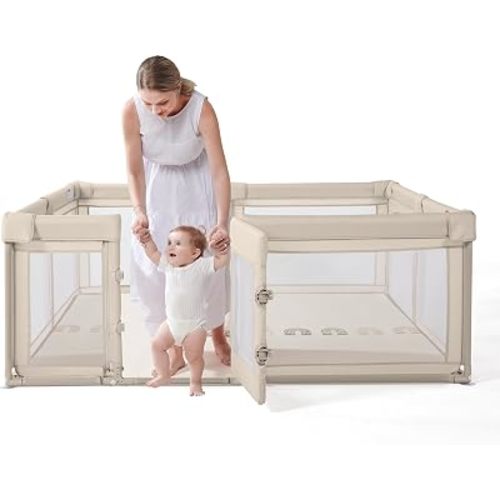 Baby Playpen with Walk-in Gate & Zipper Door, 79x71in Extra Large Playpen for Babies and Toddlers, Sturdy Indoor Play Pen with Breathable Mesh & Safety Lock(Khaki)