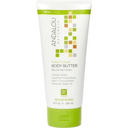 Andalou Naturals Body Butter, Kukui Cocoa Nourishing Body Cream, 8 Oz, Shea Butter, Cocoa Butter & Argan Oil for Dry Skin, Vegan