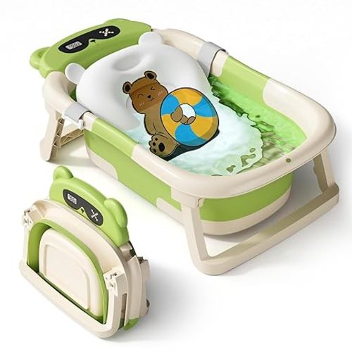 AVIDOR Baby Bathtub,Collapsible Bathtub for Newborn to Toddler,Durable Essential Infant Bath Tub,Portable Travel Baby Tub with Soft Cushion,No-Slip Hanging and Detachable(Green)