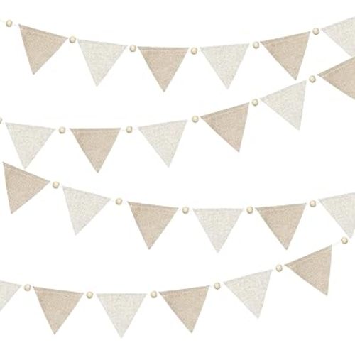 2 Sets of Wooden Beads Burlap Banner 20Pcs Linen Triangle Pennant Flag Nursery Garland Bedroom Streamers for Birthday Wedding Baby Shower Camping Rustic Boho Spring Easter Holidays Party Decorations