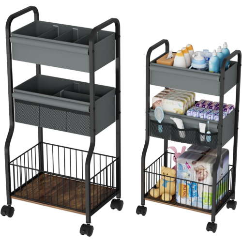 3-Tier Baby Diaper Caddy Cart Organizer, Nursery Organization with with Lockable Wheels & 4+3 Dividers, Durable Metal Utility Cart for Nursery, Bedroom, Bathroom