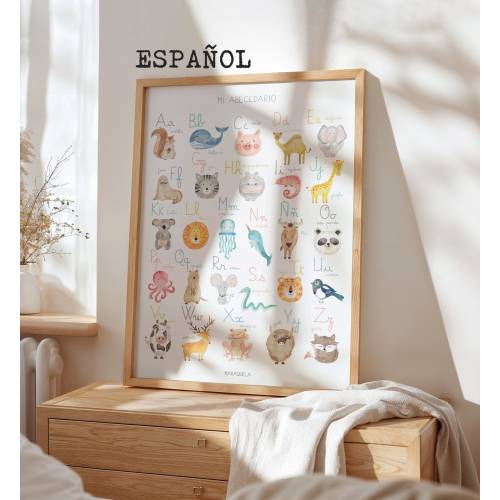 Animal Alphabet Poster in Spanish – Montessori Educational Print, Watercolor ABC Wall Art for Kids, Nursery & Classroom Decor