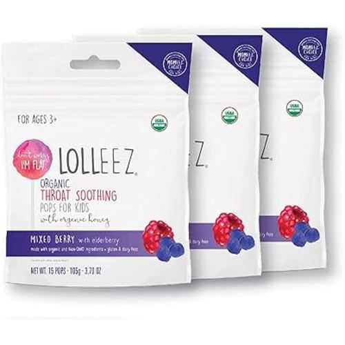 Lolleez Organic Throat Soothing Pops for Kids with Organic Honey, Cold and Flu Season Remedy, Mixed Berry Flavor (3 pk x 15 ct)