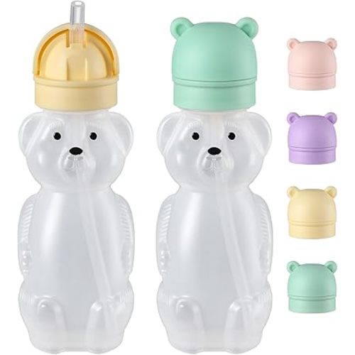 Upgraded 2 Pack Honey Bear Straw Cups for Baby, Toddler - Flip Top, Spill-Proof & Anti-pullout & Pop-up Straw Design - 8 OZ Squeezable Transition Sippy Cup for Speech & Feeding Training, Yellow&Green