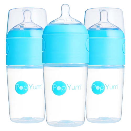 PopYum 9 oz Anti-Colic Formula Mixing Baby Bottles, 3-Pack, Blue, One-Hand Use