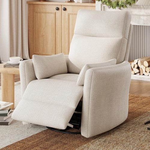 LINSY 360 Swivel Recliner Chair, Nursery Glider Rocking Chair with 2 Pillows, Chenille Nursing Chair Comfy High Back Adult Rocker Recliner for Small Spaces, Nursery Bedroom Living Room (Light Beige)