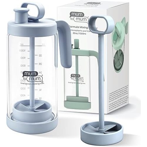 MUM TO MUM 32oz Glass Formula Mixing Pitcher, Microplastic-Free BPA Free Leak-Proof Breastmilk Storage Container, Heat & Cold Resistant Borosilicate Glass with Silicone Seal (Light blue)