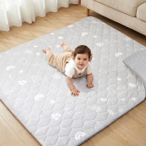 Joypony Baby Play Mat for Floor 59×79in, Quilted 1.6in Extra Thick Crawling Mat for Toddlers, Non-Slip Kids Play Mat for Playpen with Washable Removable Cover, Forest