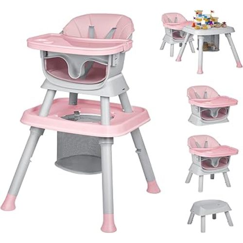 8-in-1 High Chair for Babies and Toddlers, Converts to Dining Booster Seat, Kids Table & Chair Set, Building Block Table, Kids Learning Table, Double Removable Tray, Pink