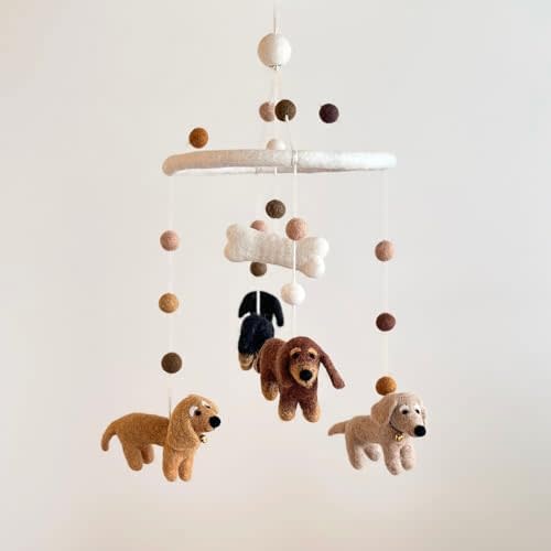 Handmade Felt Dachshund Dog Nursery Mobile, Dachshund Dog Crib Mobile for Babies, Boho Nursery Decor, Natural Wool & Wood Hanging Mobile, Unique Baby Shower Gift, Fair Trade & Handcrafted in Nepal