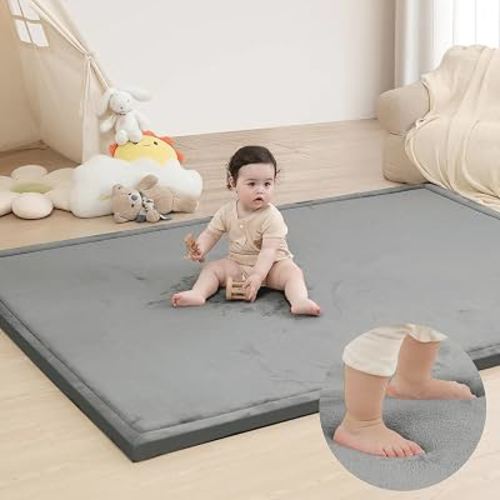 Huloo Sleep Ultra Soft Baby Play Mat for Floor, 1.3" Thick Elasti-Foam 65x50 Play Mat for Playpen,Water-Repellent Coral Velvet for Tummy Time, Non-Slip Backing,Safe for Toddlers & Infants(Dark Grey)
