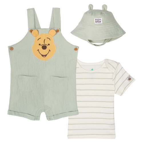 Disney Winnie the Pooh Baby Boys' Shortall and Tee Set with Bucket Hat Light Green