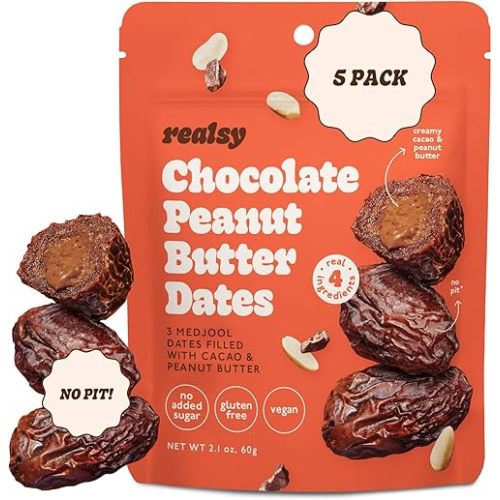 Realsy Pitted & Stuffed Medjool Dates, Organic Dates with No Sugar Added, Gluten-Free, Vegan, Good Source of Fiber, Low Glycemic Index, All Natural Healthy Snack (Chocolate Peanut Butter 5 pack)