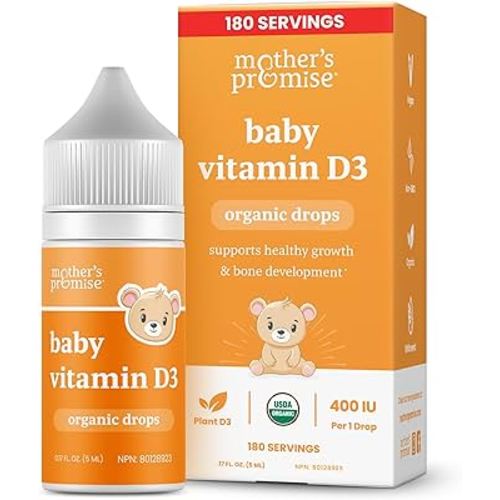 Mother's Promise Organic Baby Vitamin D Drops | 100% Plant Based | Healthy Growth & Bone Development | Age Newborn+ | 180 Servings | Baby Vitamin D3 Liquid for Infants & Toddlers | 400 IU for Babies