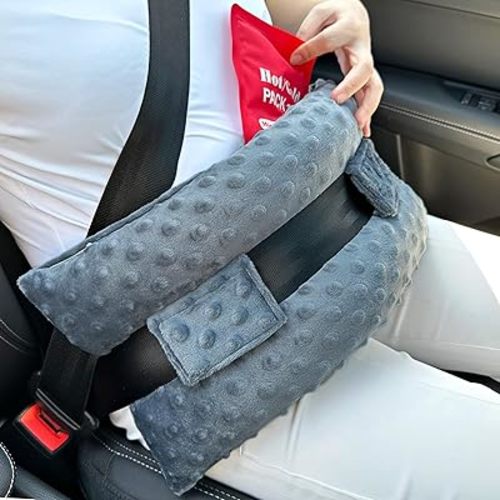 Hysterectomy Pillow Post Surgery Hysterectomy Recovery Must Haves Gifts Seatbelt Pillows with Pocket for Hot Cold Pack, After Surgery Abdominal Tummy Tuck Car Pillow Minky Dot Dark Gray