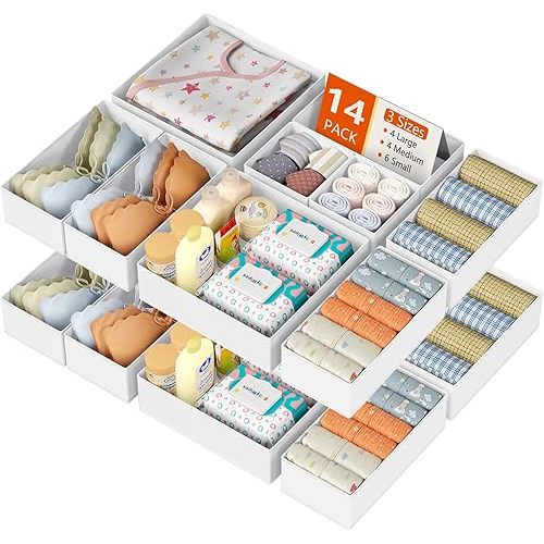 DIMJ Drawer Organizer Clothes, 14 Pack Dresser Organizer, Foldable Closet Organizers and Storage, Fabric Dresser Bins, Drawer Dividers for Nursery, Baby Clothes, Underwears, Sock (White)