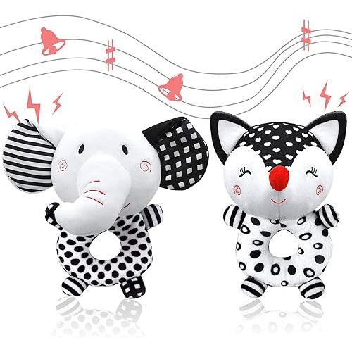 Baby Rattles 0-6 Months Newborn Toys Baby Toys 0-6 Months Rattles for Babies 0-6 Months Infant Toys 0-3 Months, Black & White High Contrast Baby Toys Plush Stuffed Toys for 0 3 6 9 12 Months Girl Boy