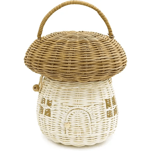 KOLWOVEN Mushroom Rattan Storage Basket with Lid - Mouse in a Box House- Small Doll house- Decorative Hand Woven Shelf Organizer Cute Handmade Handcrafted Gift Decoration Artwork Wicker (Natural)