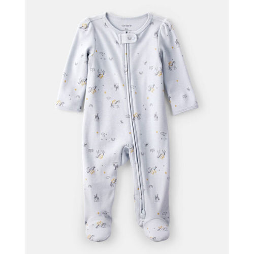 Baby Girl Unicorn Star Print 100% Cotton Long-Sleeve 2-Way Zip Sleep & Play Pajamas - Blue