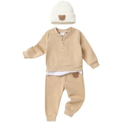YOUNGER TREE Toddler Fall Outfits Baby Boy Sweatshirt Top Sweatpants Set Cute Sweatsuit for Boy Winter Clothes with Hat