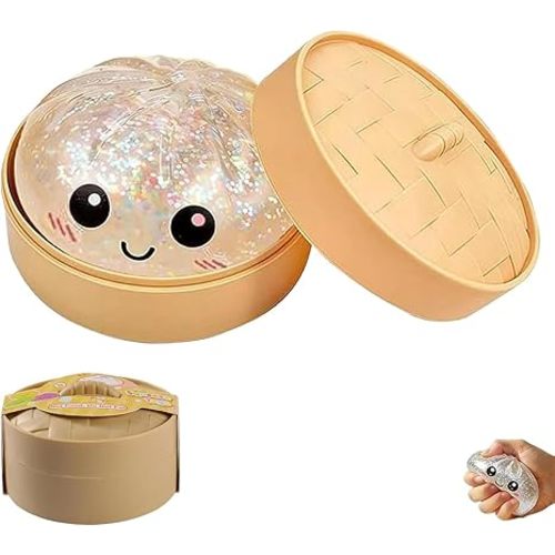 Glitter Dumpling SquishyBox-Soft Bao Bun Stress Ball, Sensory Fidget Squeeze Toy for Stress & Anxiety Relief,(Transparent/White)