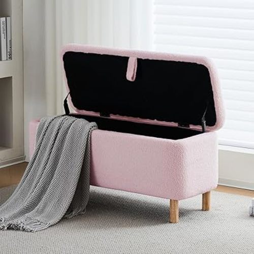 Storage Bench Bedroom Bench Sherpa Ottoman Storage Entryway for Living Room Rectangular Boucle Foot Rest Stool Padded Seat (39.5",Light Pink)