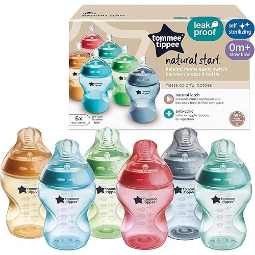 Tommee Tippee Natural Start Anti-Colic 9 oz BPA Free Baby Bottles, 0+ Months, Slow Flow Breast-Like Nipple, Self Sterilizing, Designed for Seamless Transition Between Bottle & Breast, Fiesta,Pack of 6