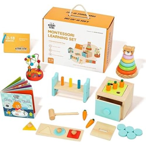 6-in-1 Montessori Learning Toys for 13-18 Months - Toddler Developmental Activity Set with Bear Tower, Pound Bench, Beads Coaster & More Educational Wooden Toys