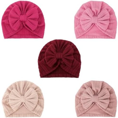 DRESHOW BQUBO 5 Pieces Newborn Baby Turban Hats Bow Baby Infant Beanie Breathable Toddler Cap for Baby Girls