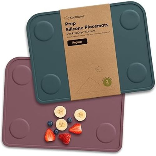 KeaBabies 2pk Silicone Placemats for Toddlers, Kids - 12x9 Non Slip Suction Baby Silicone Placemat for Restaurants, Dining Table,Travel, Easy to Clean, Food Grade/BPA-Free,Small Baby Table Mat(Rocky)